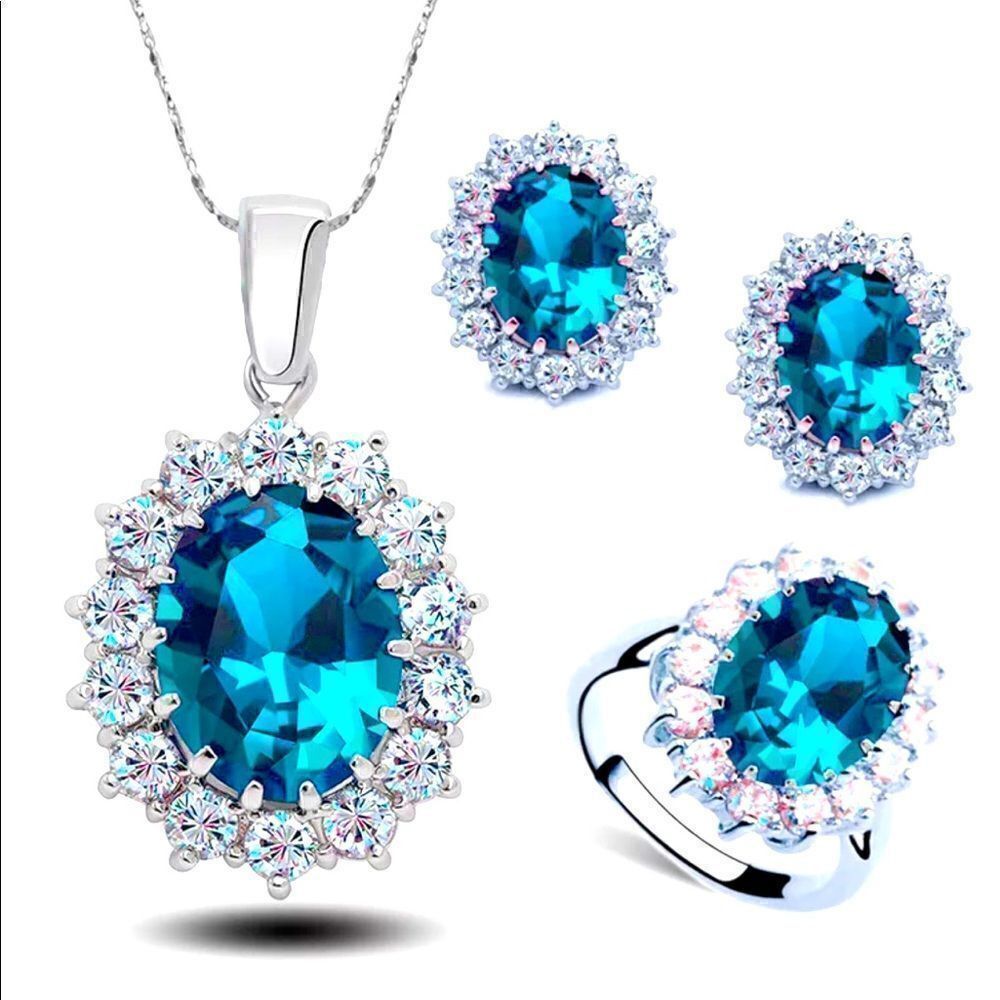 🔵Light Blue Sapphire  Sterling Silver Plated Crystal Rhinestones Jewelry Set